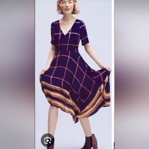 Anthropologie HD in Paris Asymmetrical Blue and Pink Fit and Flare Dress